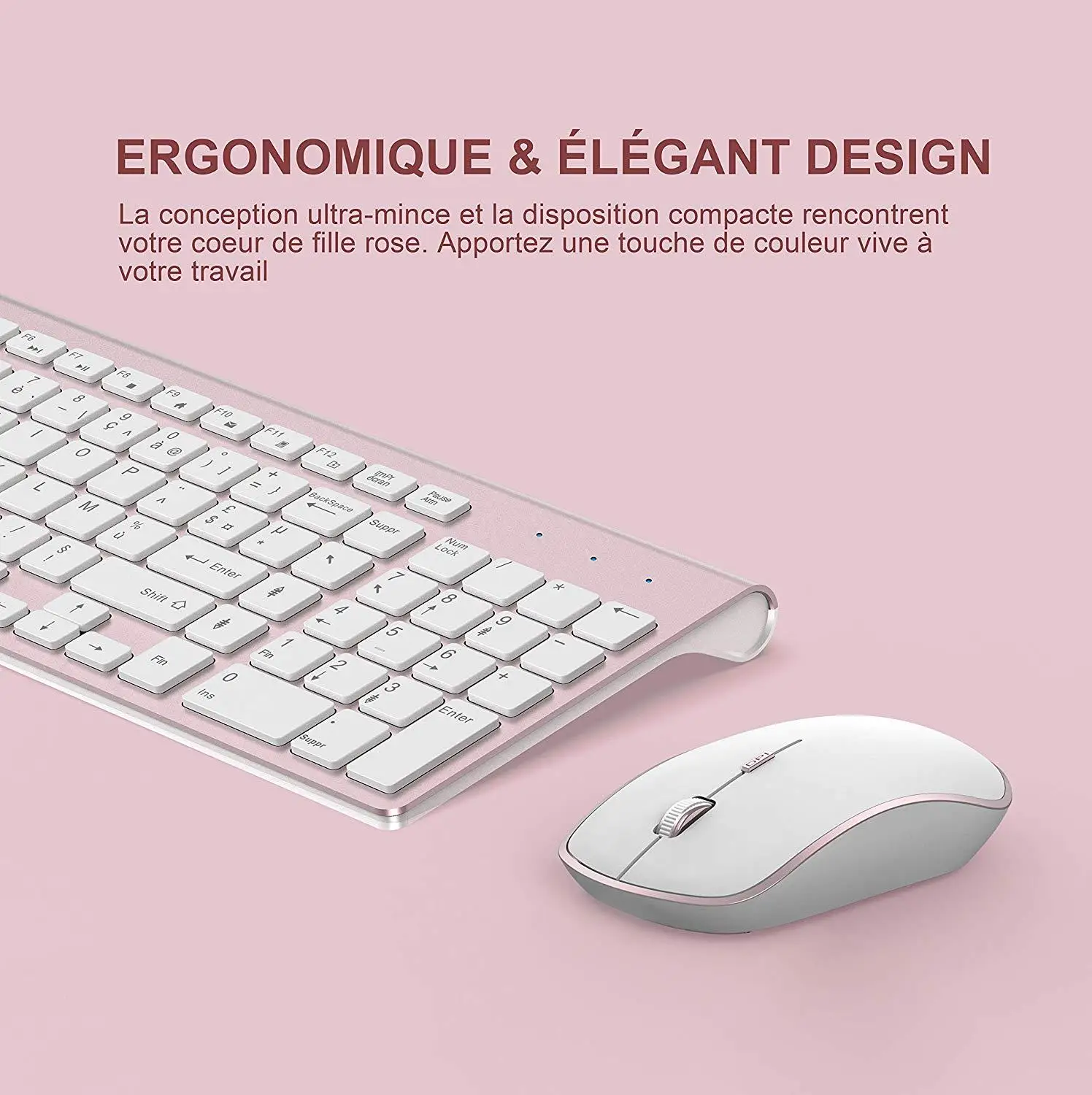 

French Keyboard Wireless 2400DPI Mouse 2.4Ghz Ultra-Slim AZERTY Keyboard Mouse Set, Portable Silent Ergonomic- Pink/silver