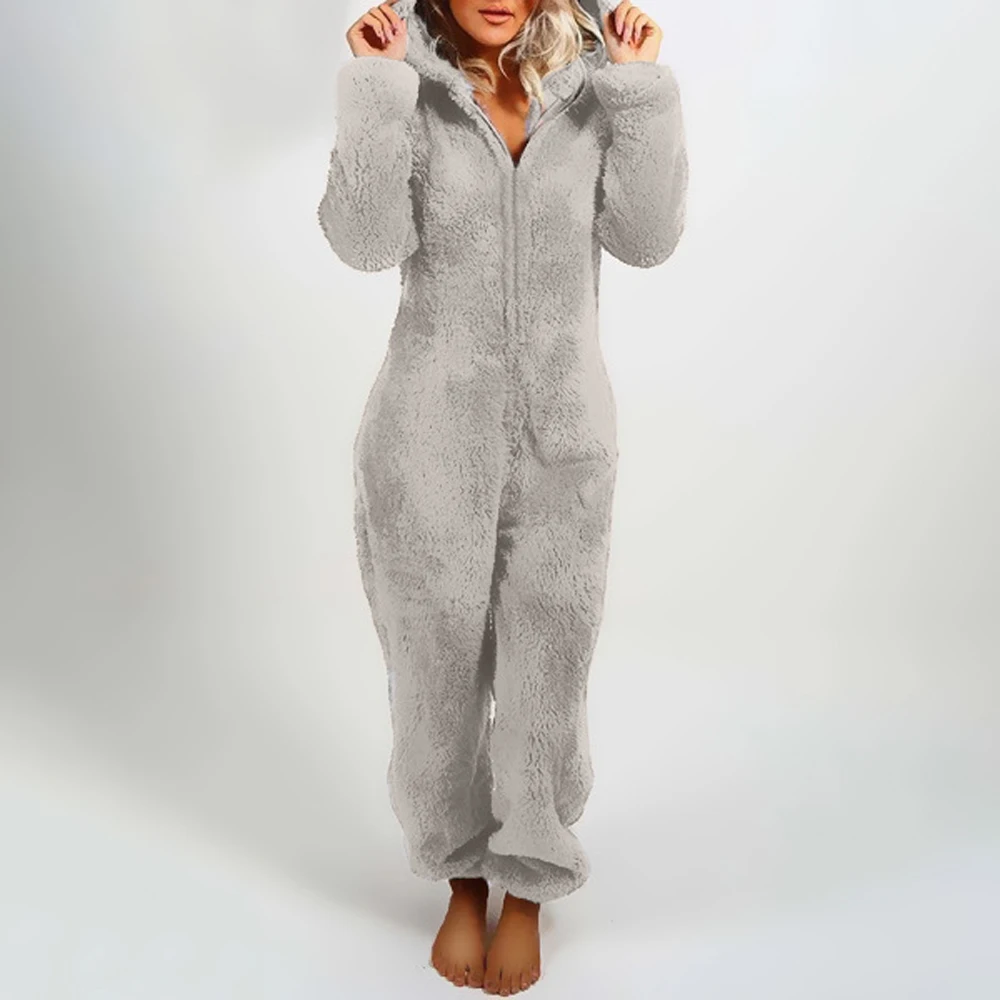 

2020 Brand New Women's Plush Romper Winter Pajamas Long-Sleeve Zipper High Neck Hat Keep Warm Girl’s Clothes Jumpsuit