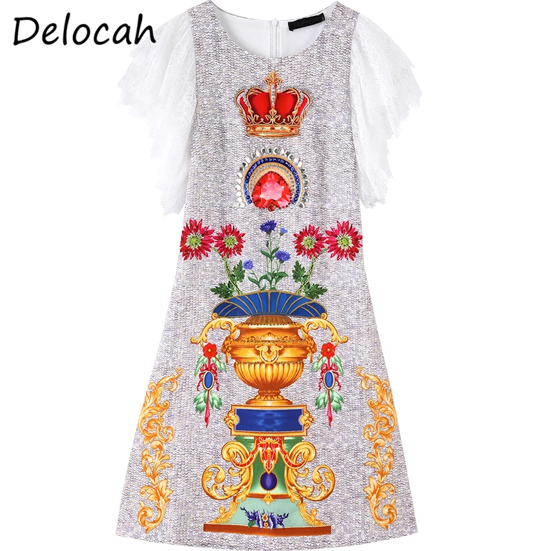 

Delocah Summer Women Fashion RunwayMidi Dress Short Sleeve Lace Luxury Crystal Beading Floral Print Ladies Party A-Line Dresses