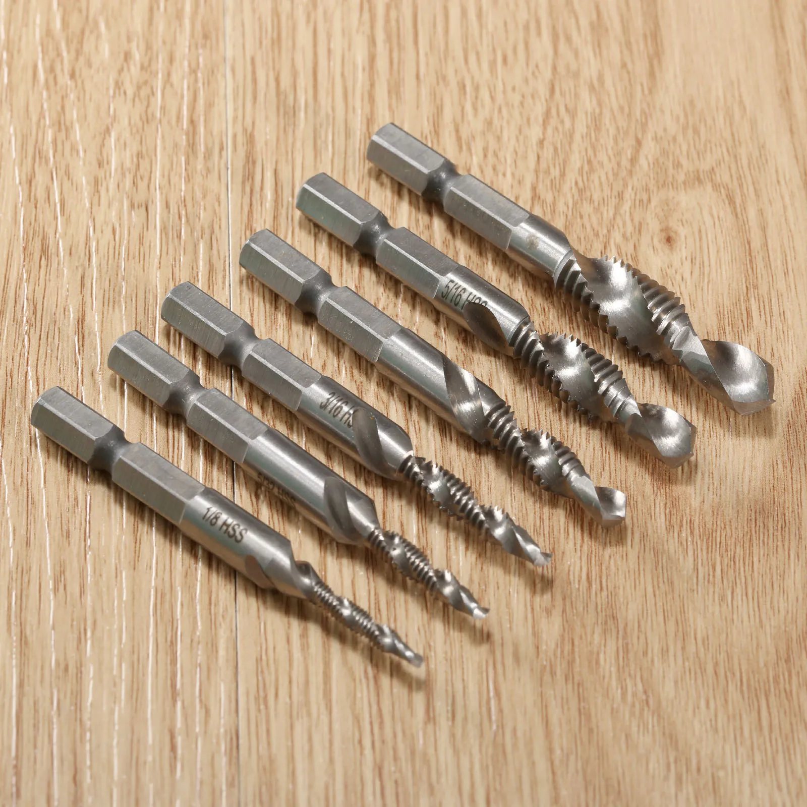 

6Pcs HSS 1/4" 6.35mm Hex Shank Deburr Screw Imperial Spiral Machine Drill Tap Countersink Dril Bits Combination Set M3-M10