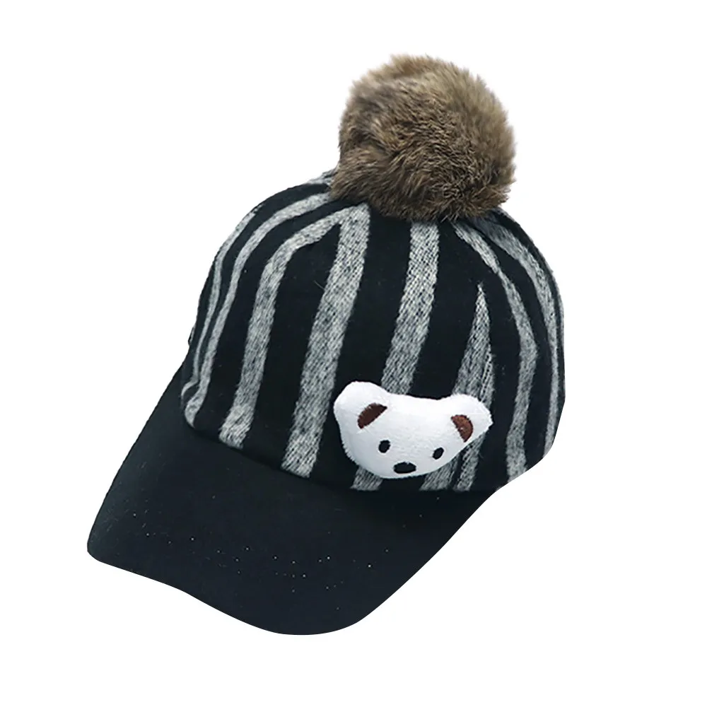 Children Woollen Cloth Stripe Little Bear Hair Ball Baseball Cap Hat Hip Hop Caps Fitted Snapback Cotton sports cap | Аксессуары для