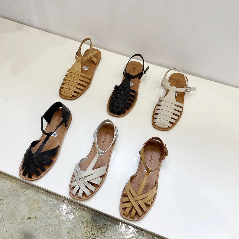 

Cross weaving narrow band sandalias mujer ankle buckle square toe flats slippers vintage cut-out gladiator sandals casual shoes