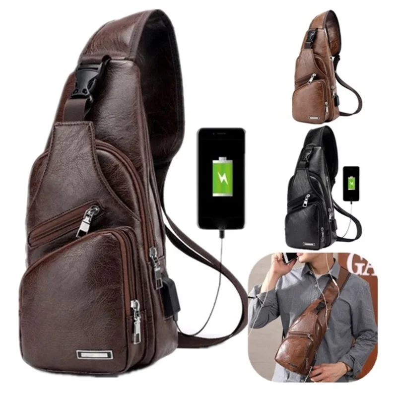 Деловая дорожная сумка через плечо винтажная нагрудная из искусственной кожи usb