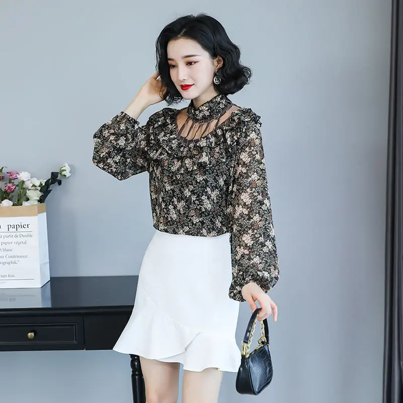

Floral Pattern Printed Chiffon Shirt Female Short Sleeve Loose Hollow Stand Collar Fashion Comfortable Blouse Pullover Women