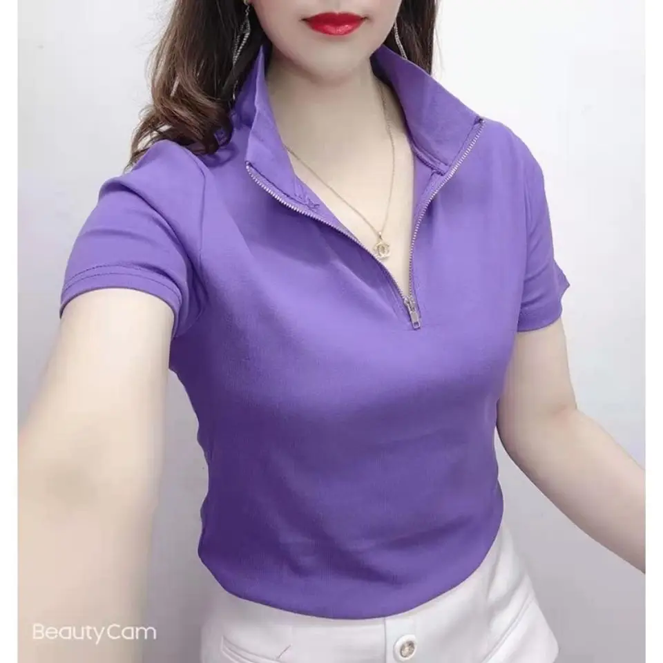 

Fashion women's spring and summer stand collar zipper cotton short sleeve Lapel T-shirt