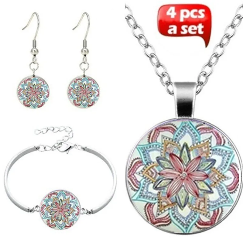 Om India Yoga Mandala Glass Cabochon Pendant Necklace Bracelet Bangle Earrings Jewelry Set Totally 4Pcs for Women's Fashion Gift