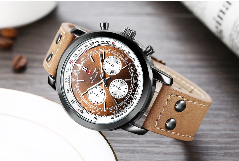 Airplane Sports Military Blue Dial Pilot Calendar Men Wristwatch Chronograph Fashion Casual Brand Army Brown Leather Watches
