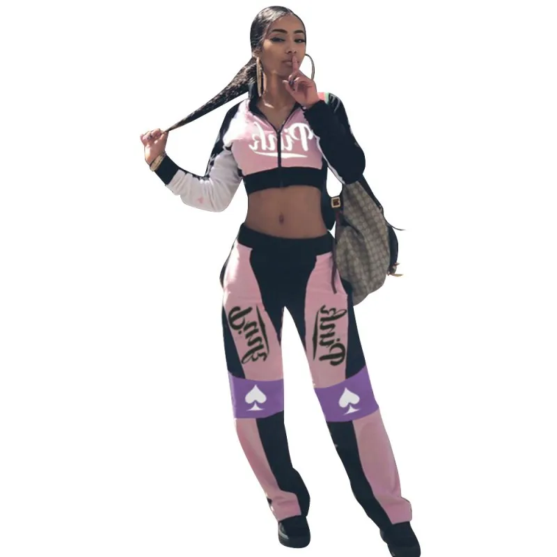 

Casual Tracksuit Women Sets Stand Collar Crop Tops And Sweatpants Outfits Fashion Letter Print Sports Pants Suits Two Piece Set