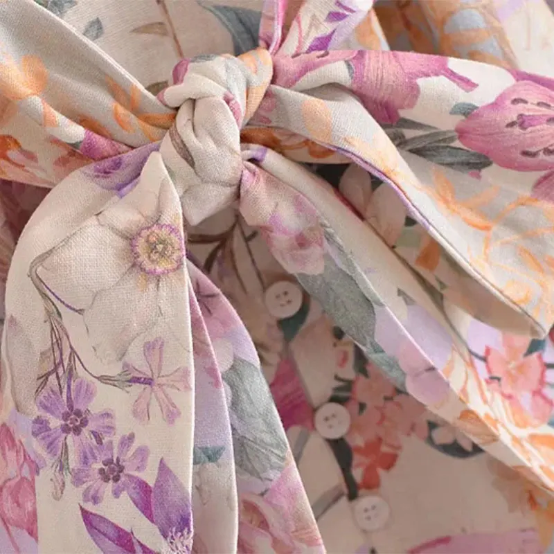 

Spring Women's French Retro Floral Shirt Dress Short Casual Temperament Long Sleeve Drawstring Design Waist Waist Was Thin