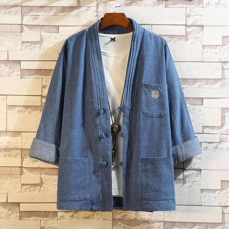 

Chinese style Tang suit denim jacket ancient men clothing improved Han suit Japanese kimono cardigan feather weaving robe spring