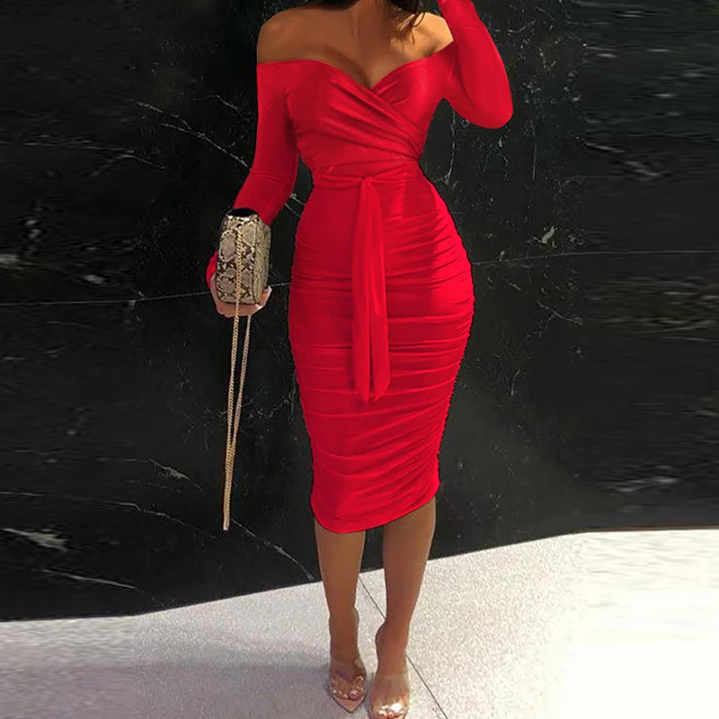 

Fashion Solid Ladies Long Sleeve Bodycon Dress Sexy Hollow Out Women Party Dress Spring Autumn New Elegant Off Shoulder Dresses