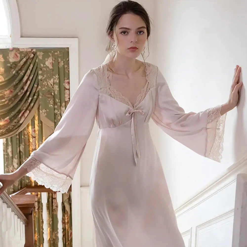 IreneTinnie Elegant Palace Nightdress Spring Autumn Long-Sleeved Satin Silk Sexy V-neck Retro Long Home Service Nightdress