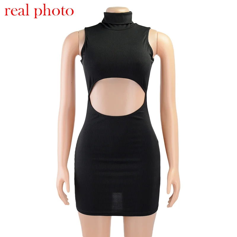 

Women Turtleneck Sleeveless Mini Sheath Black beach bodycon Dress Solid Sexy Hollow Out Casual Streetwear Dresses Clothing