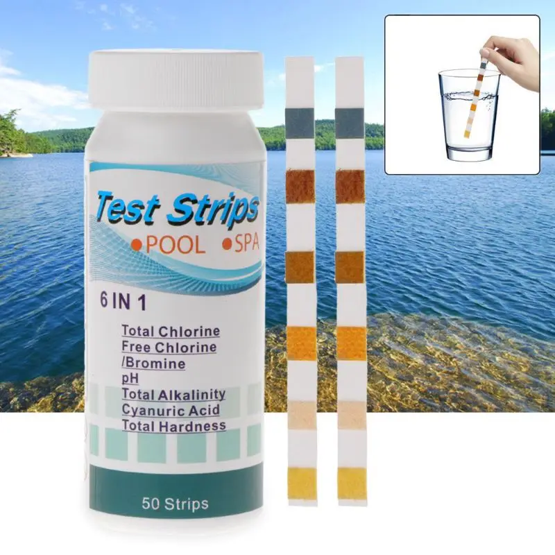 

50pcs 6 in 1 SPA Water Quality Test Strips Pond Test Paper Chlorine PH Alkalinity Water Hardness Meter For Swimming Pool