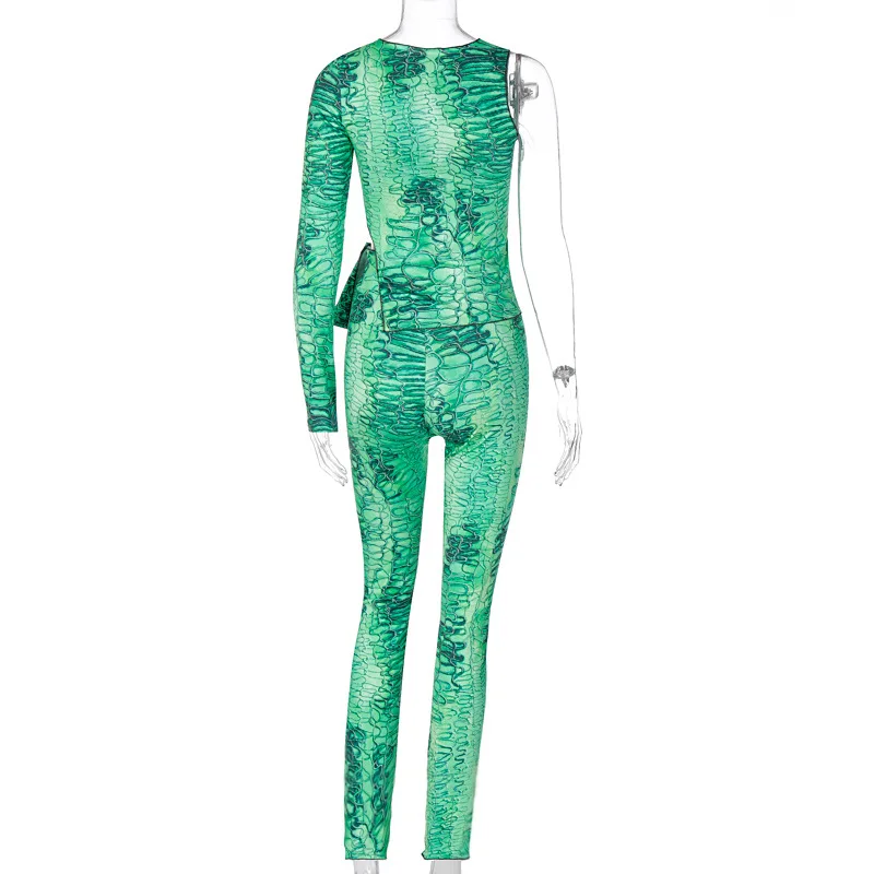 

NCLAGEN 2020 Autumn Fashion Printed Two Pieces Set Sexy Bandage One Sleeve Cropped Top T Shirt High Waist Skinny Leggings Pants