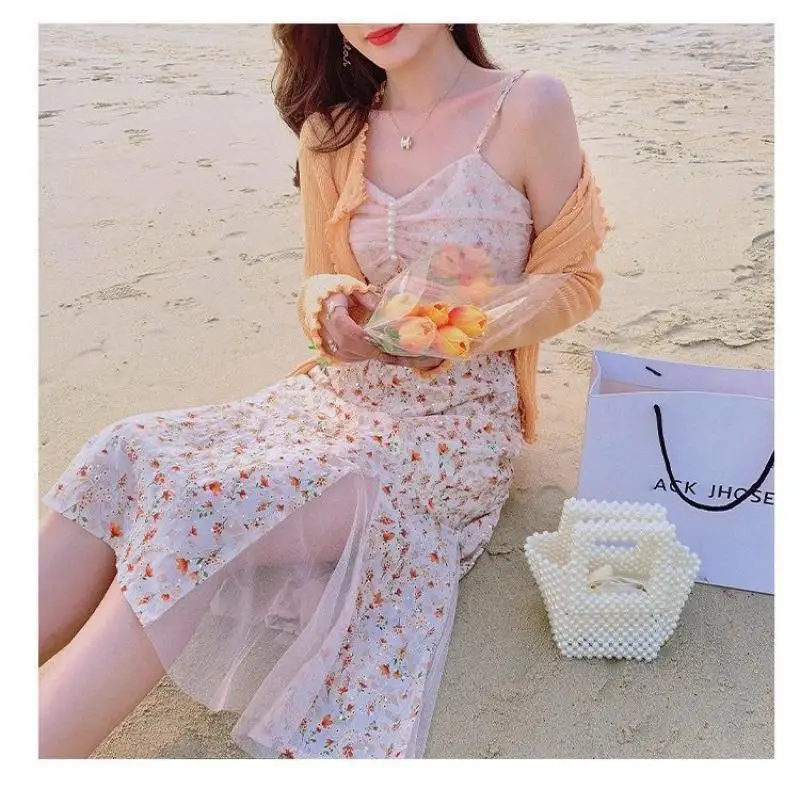 

Fashionable and Elegant Hanging Wide Loose Sweet Dress Female Korean Style Floral Summer Thin Lace Mid-Length Skirt Female Beach
