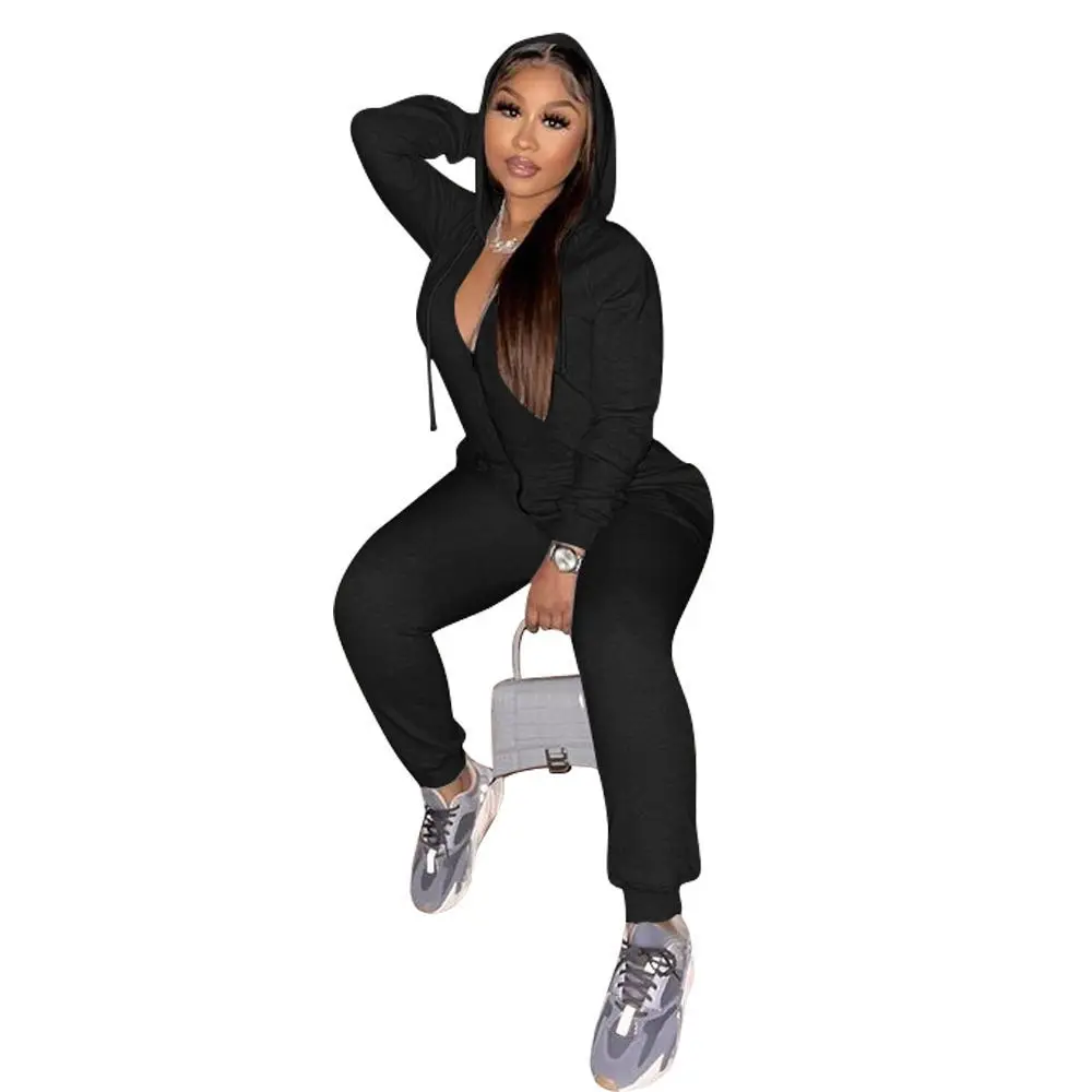 

Zipper Drawstring Hoodie Solid Color Sports Casual Jumpsuit Women Winter Slim Stacked Sweatpants Rompers