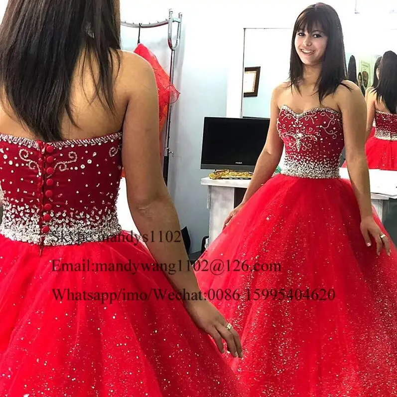 Mbcullyd красное платье Quinceanera с блестящими Бисер с украшением в виде кристаллов Vestido De 15 Anos элегантное Тюлевое бальное платье длинное платье для театрализованного представления - Цвет: Красный