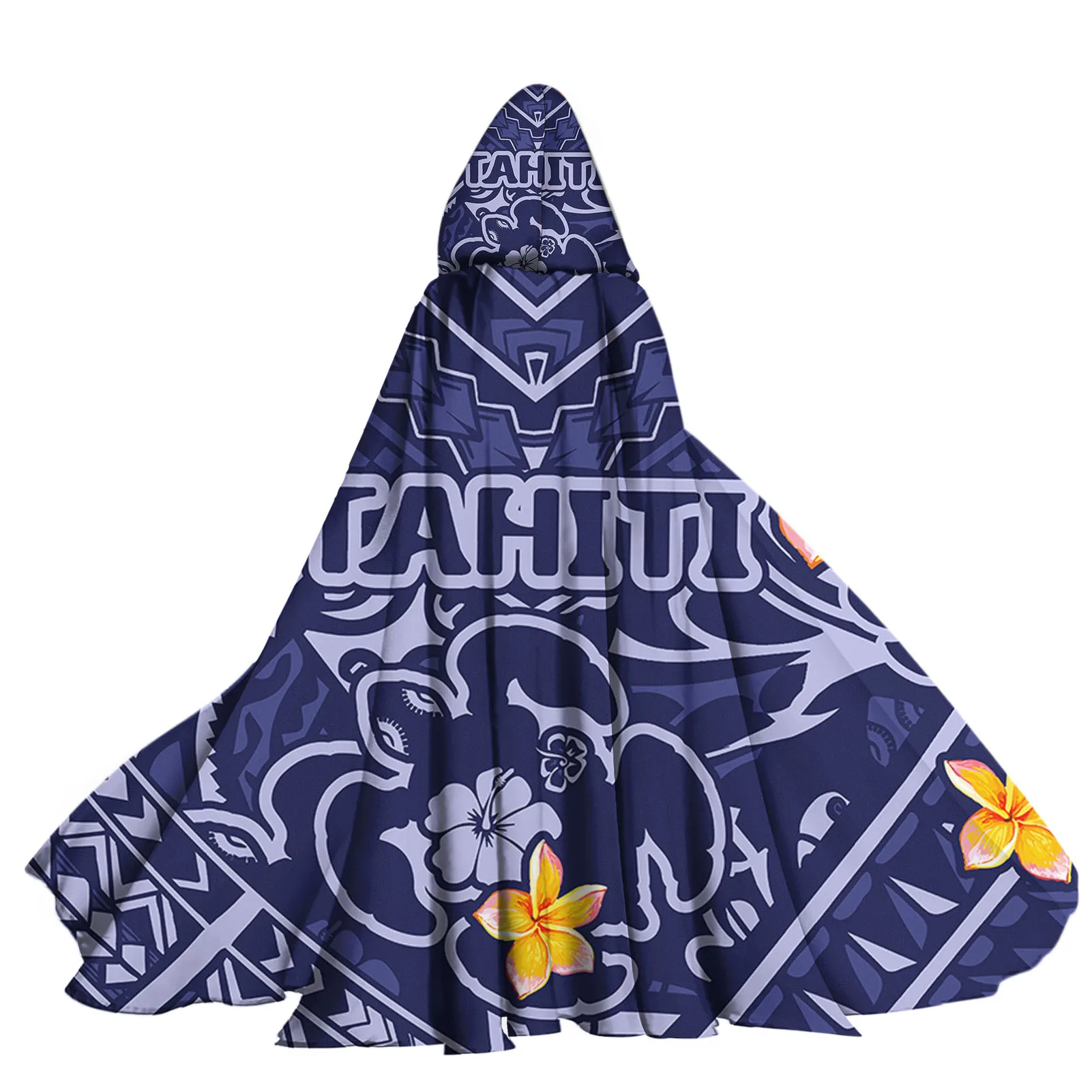 

Tahiti Polynesian Plumeria Hibiscus Turtle Pattern Womens Long Hooed Cloak Female Robe Comfort Warm Capes for Ladies Costume