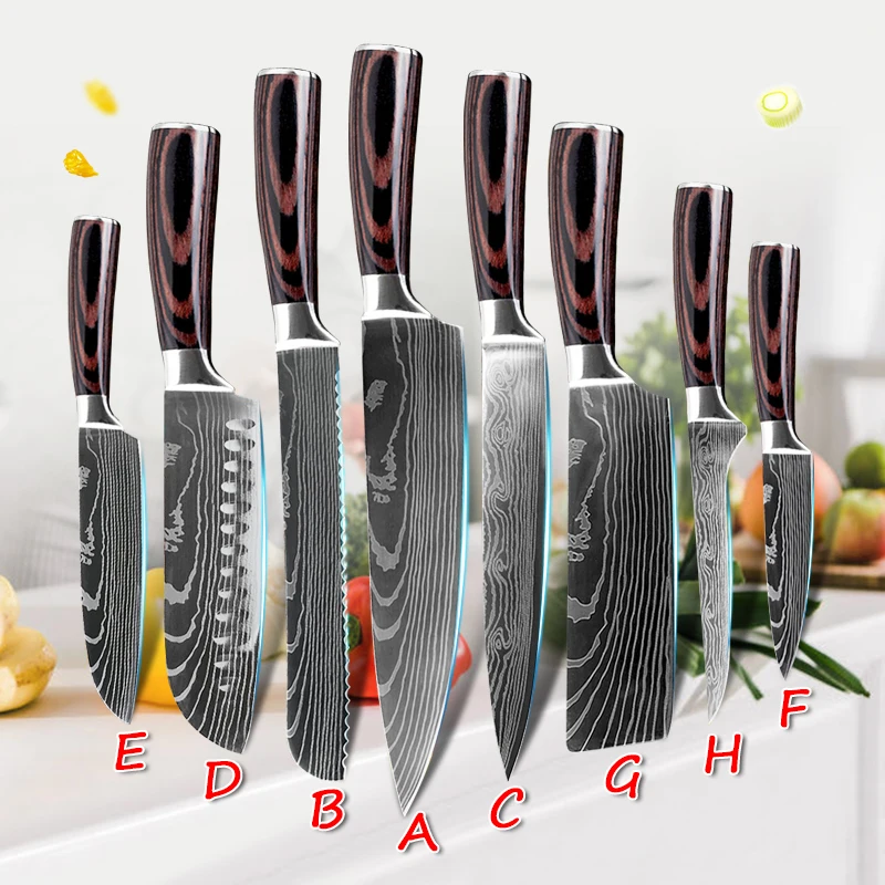 8pcs Kitchen Chef Knives Set Japanese Hand Forged High Carbon Stainless Steel Damascus Laser Pattern Slicing Kitchen Knife