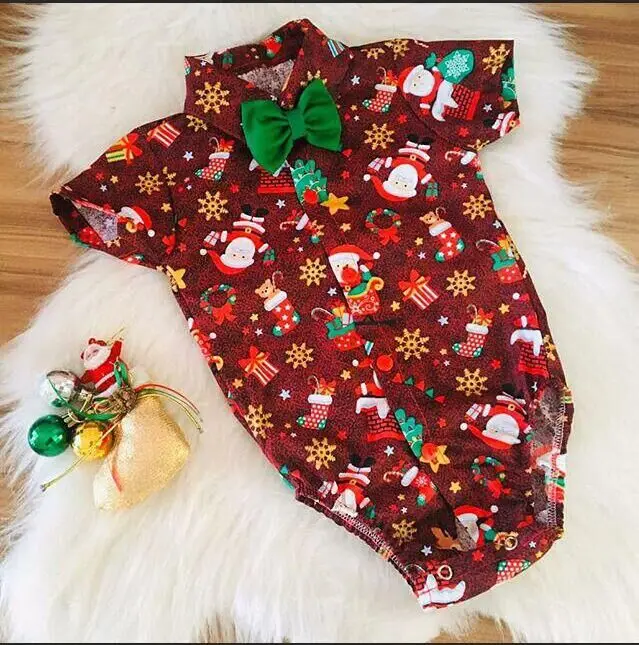 Christmas 0-24M Baby Girls Boys Bodysuits Santa Print Short Sleeve Bow Tie Gentleman Party Jumpsuits | Rompers