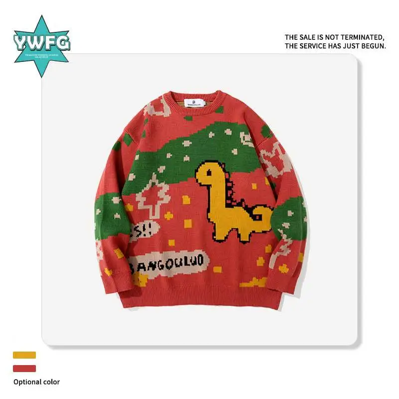 

Поэзия | Осенне-зимний вязаный свитер с круглым вырезом и нейтральным принтом динозавра, повседневный Свободный пуловер для пары, Рождество