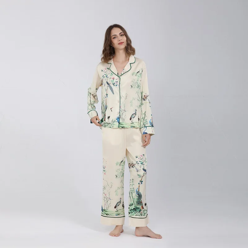 Silk Bird Singing and Flower Fragrance Pattern Pajamas Women's Long Sleeved Trousers Ice and Snow Silk Two-piece Set