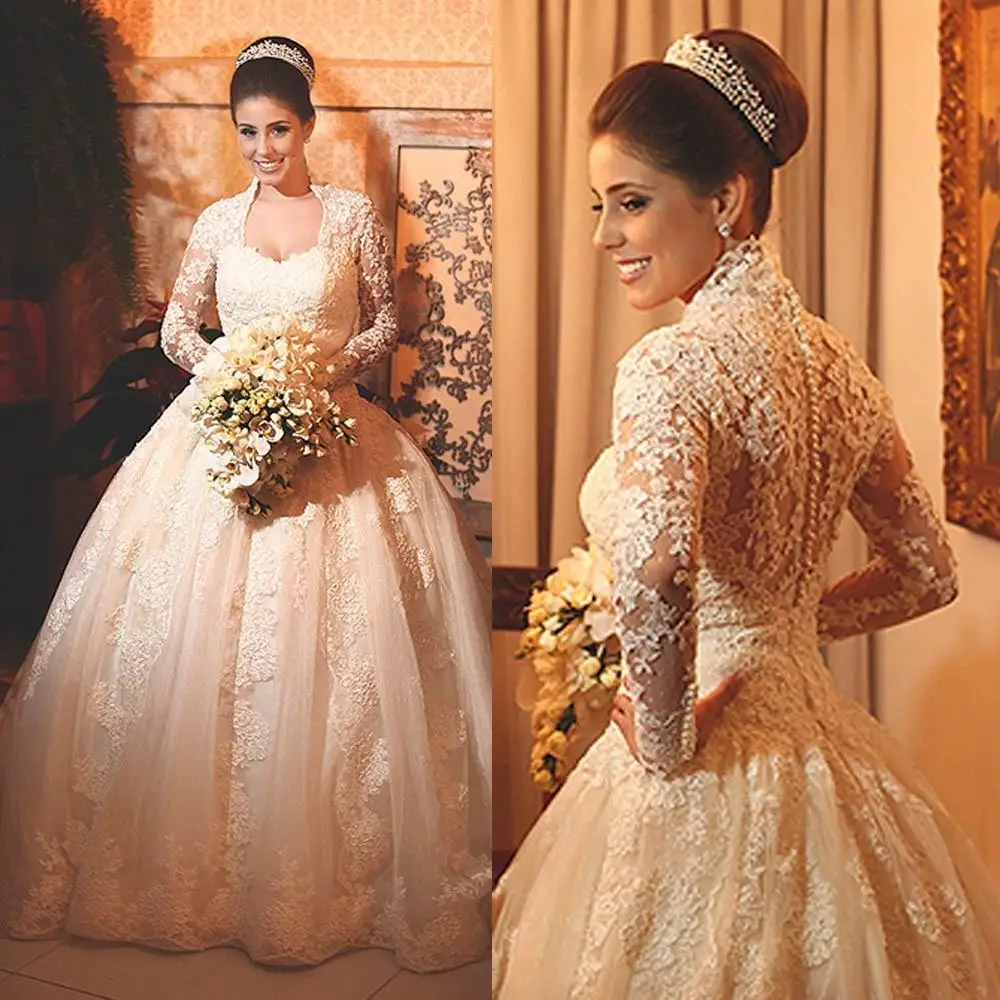 

Винтажные кружевные свадебные платья с длинным рукавом, модель 2021, женское свадебное платье в пол цвета слоновой кости