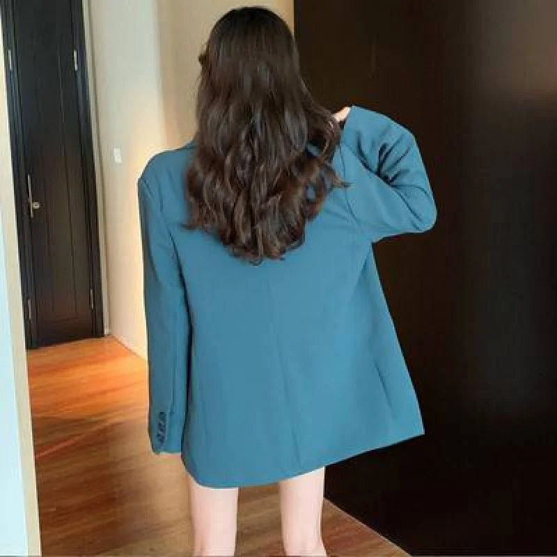 

New Office Ladies Autumn Winter Blazers 2021 England Style Women Blue Single Breasted Notched Pockets Formal Outerwear