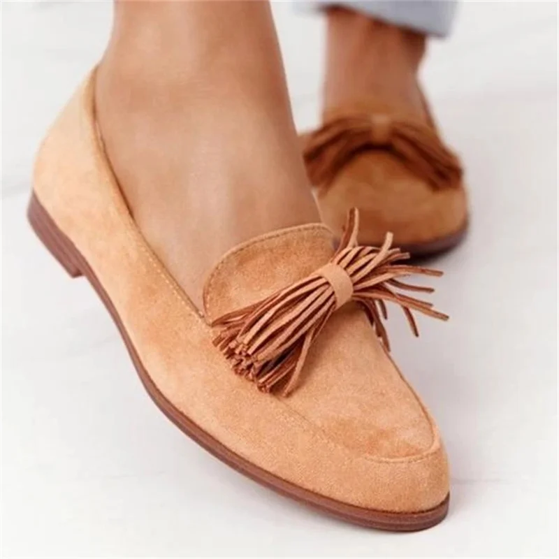 

New Women Single Shoes 2021 High Quality Solid Color Ladies Casual Flats Shoes Tassel Round Toe Thick Low-Heel Female Footwear