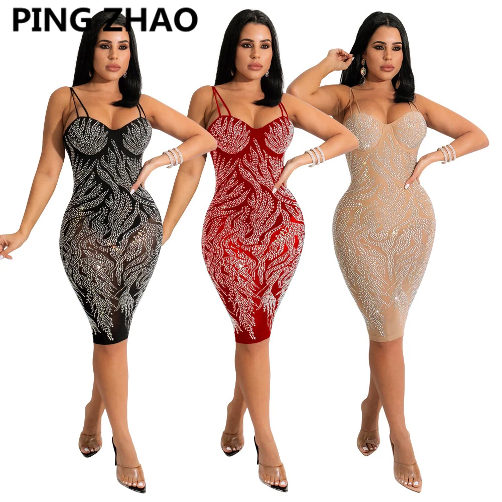 

PING ZHAO Women Diamonds Patchwork Mesh See Though Spaghetti Strap Sexy Party Bodycon Midi Dress