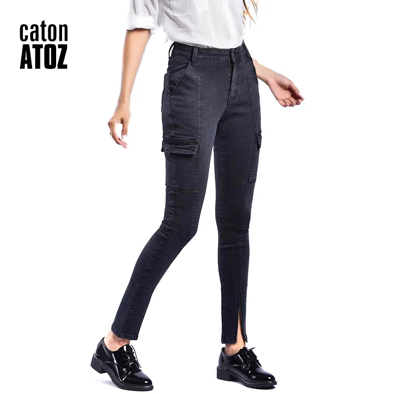 Black CatonATOZ 2208, женские джинсы с высокой талией, пэтчворк, джинсы, повседневные, ультра эластичные по щиколотку, длина, деним, узкие брюки - Цвет: Black