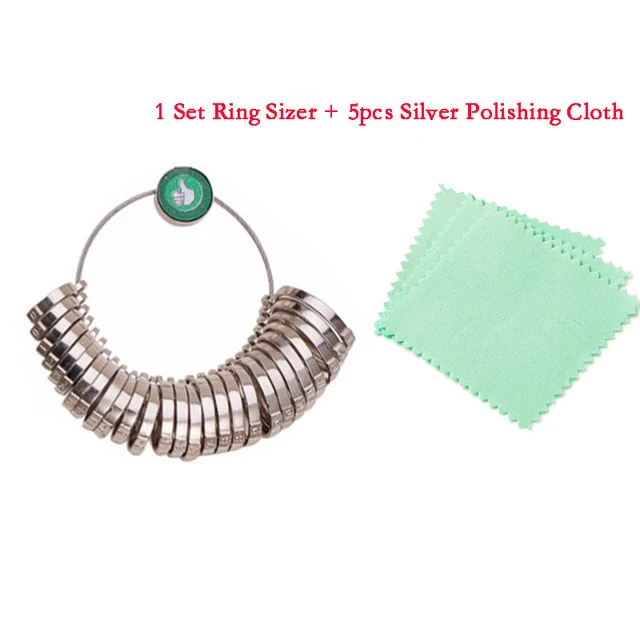 Ring Sizer and Cloth Наборы измерительных инструментов для ювелирных изделий, оправка для колец, палочки для размеров колец, измерительные приборы для пальцев, резиновые молотки, ткань для полировки серебра F70 - Цвет: Ring Sizer and Cloth