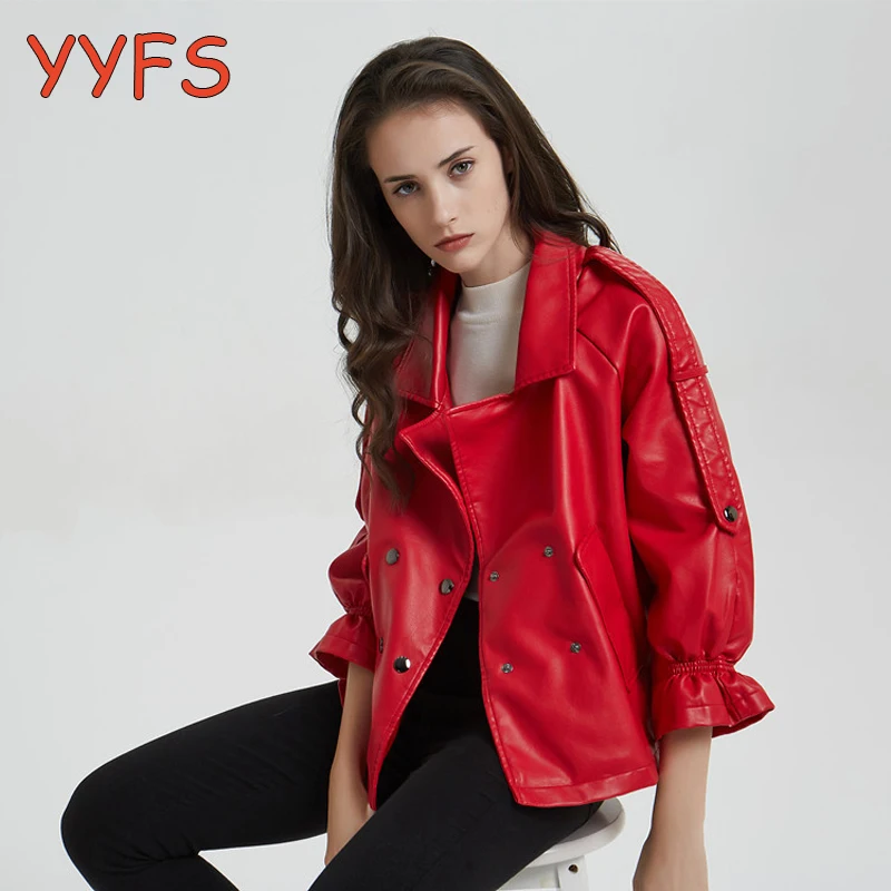 Женская байкерская куртка из ПУ кожи красная двубортная с расклешенными