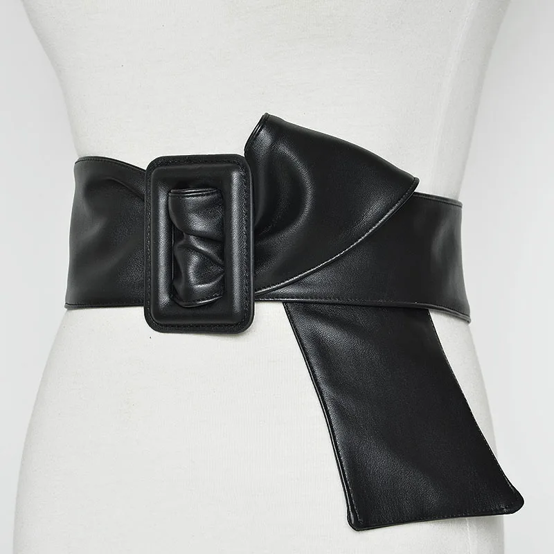 

Trendy Imitation Sheepskin Wide Black Leather Belt Ladies Fashion Elegant Dress Sweater Belts PU Vintage Women Waistband Girdle