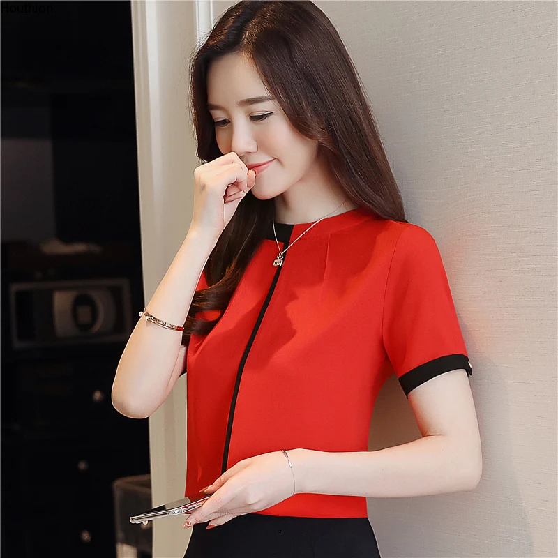 

New Chiffon Women's Blouses Fashion Shirt Short Sleeve Top O-neck Loose Solid Blouse Summer Regular Houthion