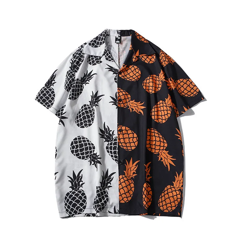 

Men's Hawaiian Beach Shirts Summer New Vintage Korean Shirts Fashion Black White Patchwork Pineapple Printed Short Sleeve Shirt