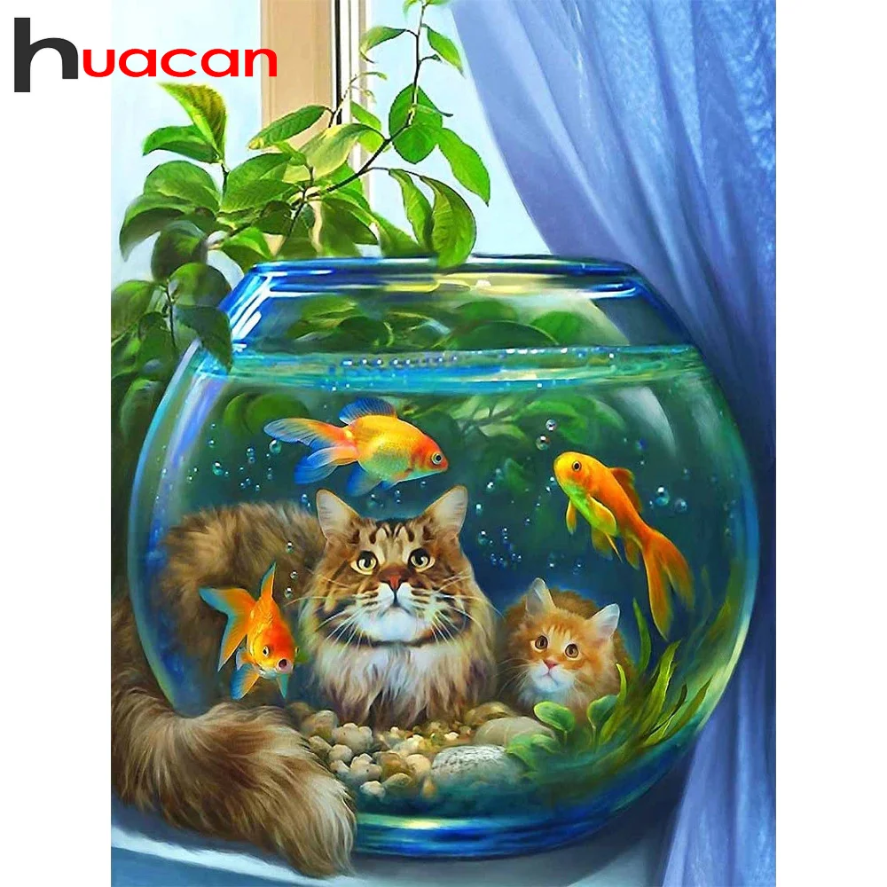 

Алмазная вышивка Huacan с полным заполнением, живопись 5D с кошкой, рыбой, мозаика из страз, персонализированный подарок, украшение для спальни
