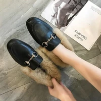 2021 womens bean shoes womens autumn and winter plus velvet cotton shoes flat korean version of small leather shoes joker tide