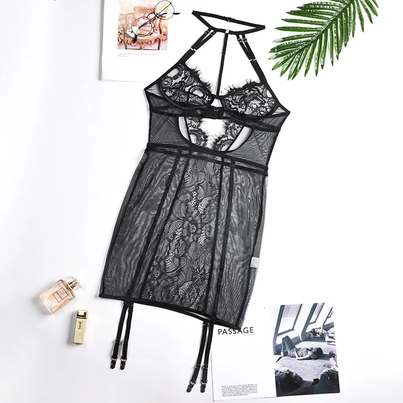 

Dark perfume Women's Sexy Sling Naked Back Dress Erotic Clothing Polyester Tight Skirt Perspective Suit Black Silk One Size