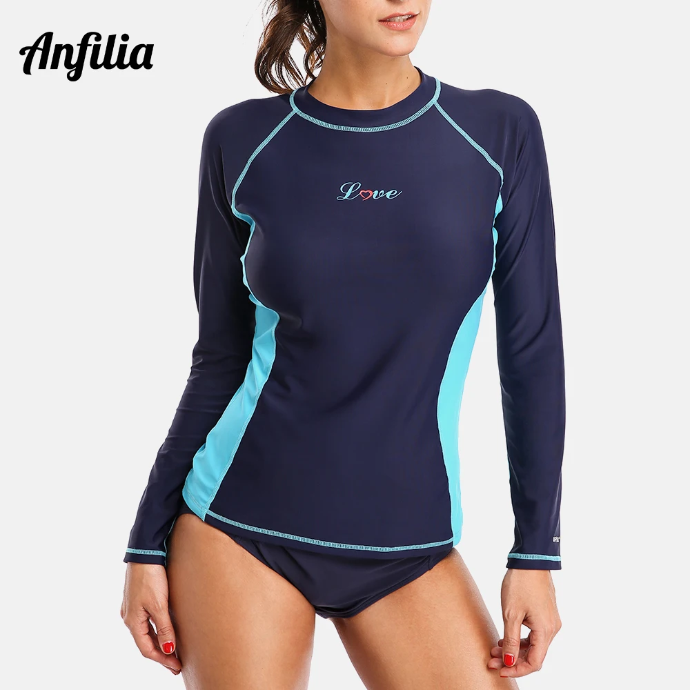 

Anfilia Women Rash Guards Swimwear Long Sleeve Rashguard Top Surfing Running Shirt Hiking Swimsuit Rashguard UPF 50+