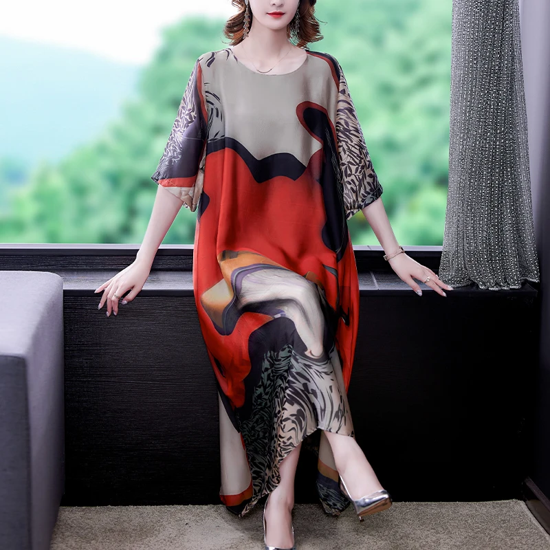 

2021 Loose Casual Print Mulberry Silk Maxi Dress Summer Vintage 4XL Plus Size Chiffon Dress Women Elegant Bodycon Party Vestidos