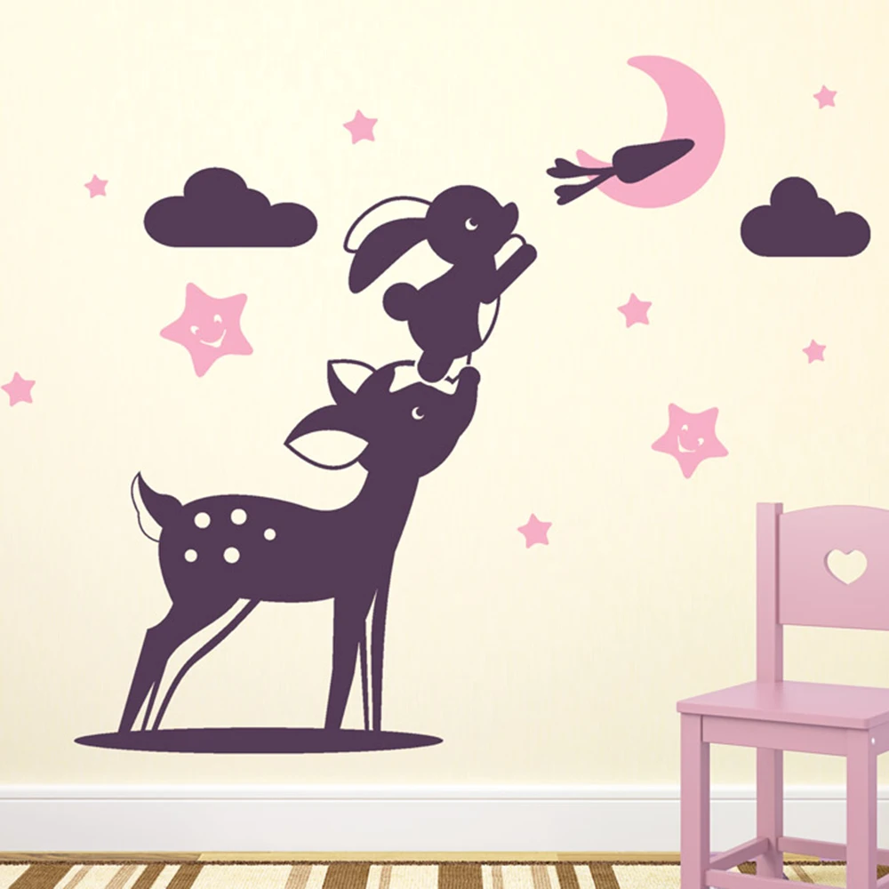 

Cartoon Fawn and Hare Moon Star Wall Decal Baby Nursery Rabbit Deer Jungle Animal Wall Sticker Kids Room Bedroom Vinyl Decor