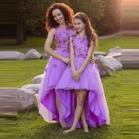 elegant hi low tulle mother and daughter dresses sleeveless puffy lace appliques mom and me photo shoot gowns
