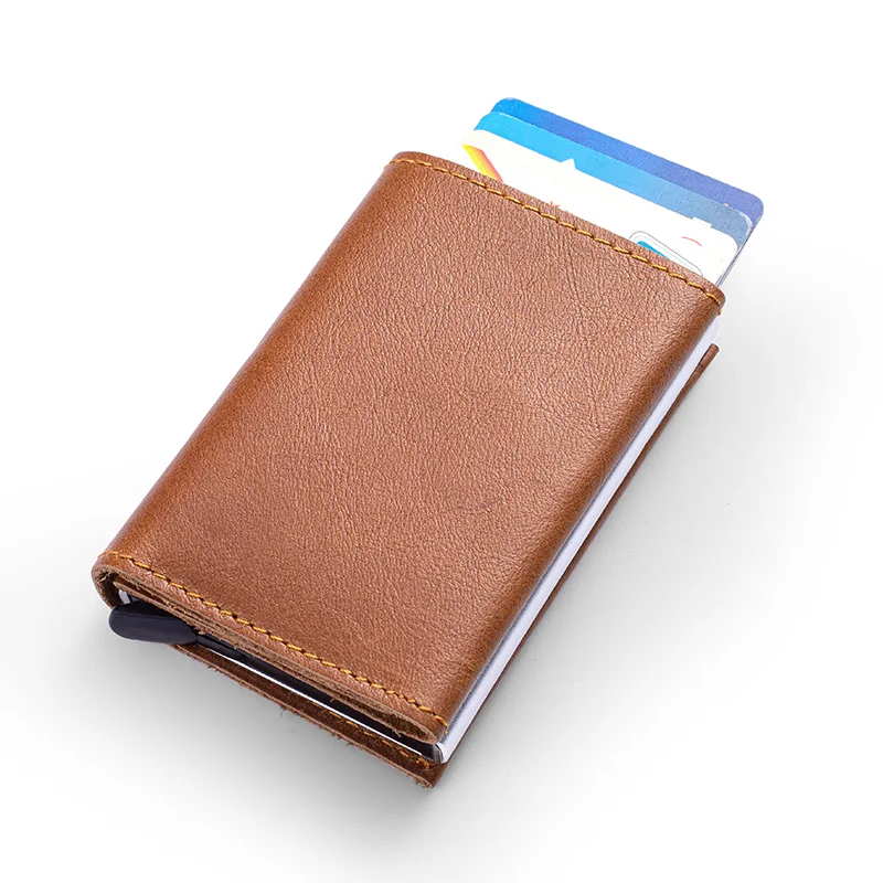 

PRAETOR Credit Card Holder RFID Wallet Aluminium Metal Case Man Slim Anti Protect Genuine Leather wallet Women Bank Card Holder