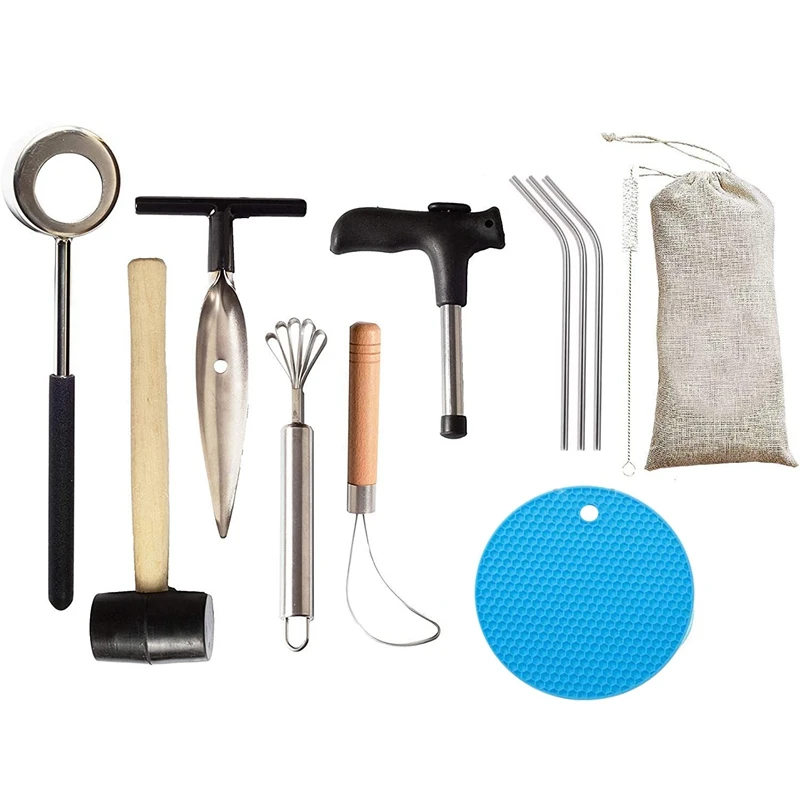 

Открывалка для кокоса набор с молотком для открытия посуды, деревянная ручка премиум-класса, Кокосовая ложка, соломинки для напитков, набор ...