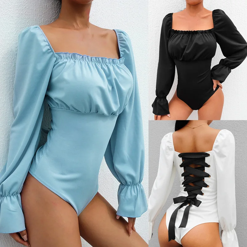 

New Square Collar Long Sleeve Women's Back Strap Bubble Sleeves Court Style Jumpsuit White Bodysuits AAA Quality