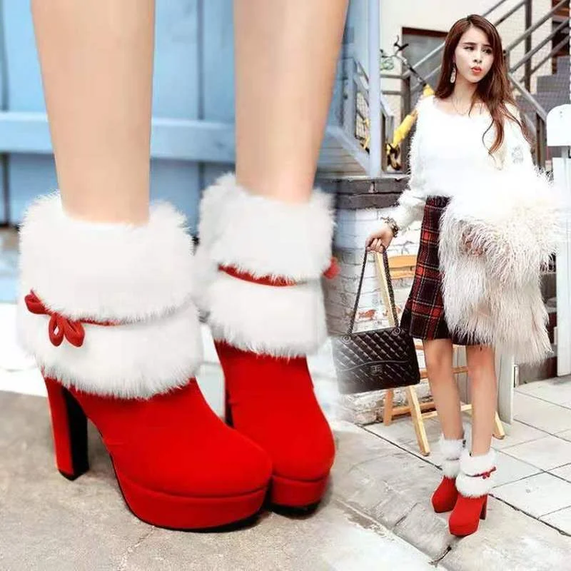 

2021 New Winter Women Boots Christmas Ankle Boots High Heels Ladies Shoes Femme Warm Short Boots Red Black Shoes Plus Size 35-43