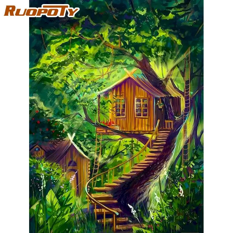 

RUOPOTY DIY Frame Paint By Number For Adults Forest House Modern Picture By Numbers Acrylic Paint On Canvas Home Decors Artwork