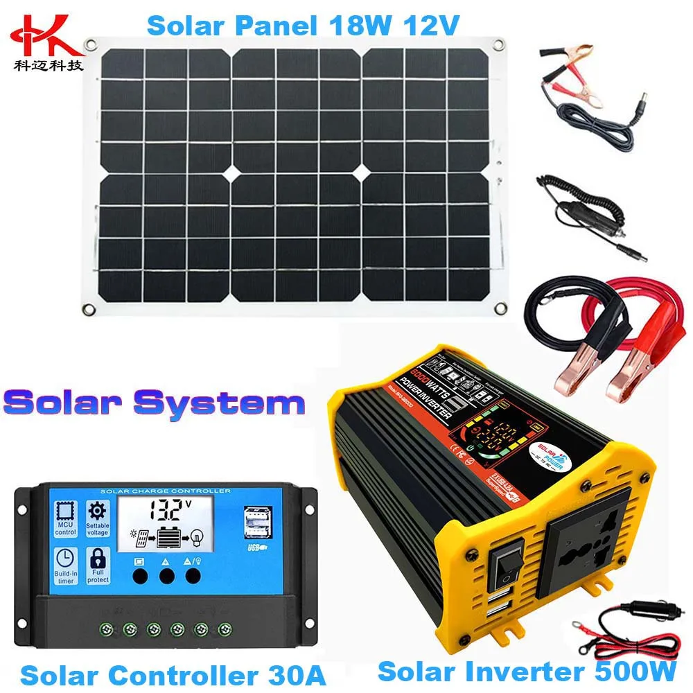 

Q3B Power System = Solar Power Inverter Transformer 12 v to 220 v 110 v 500w + Solar Panel 18w 12v USB 5v + Controller 30A